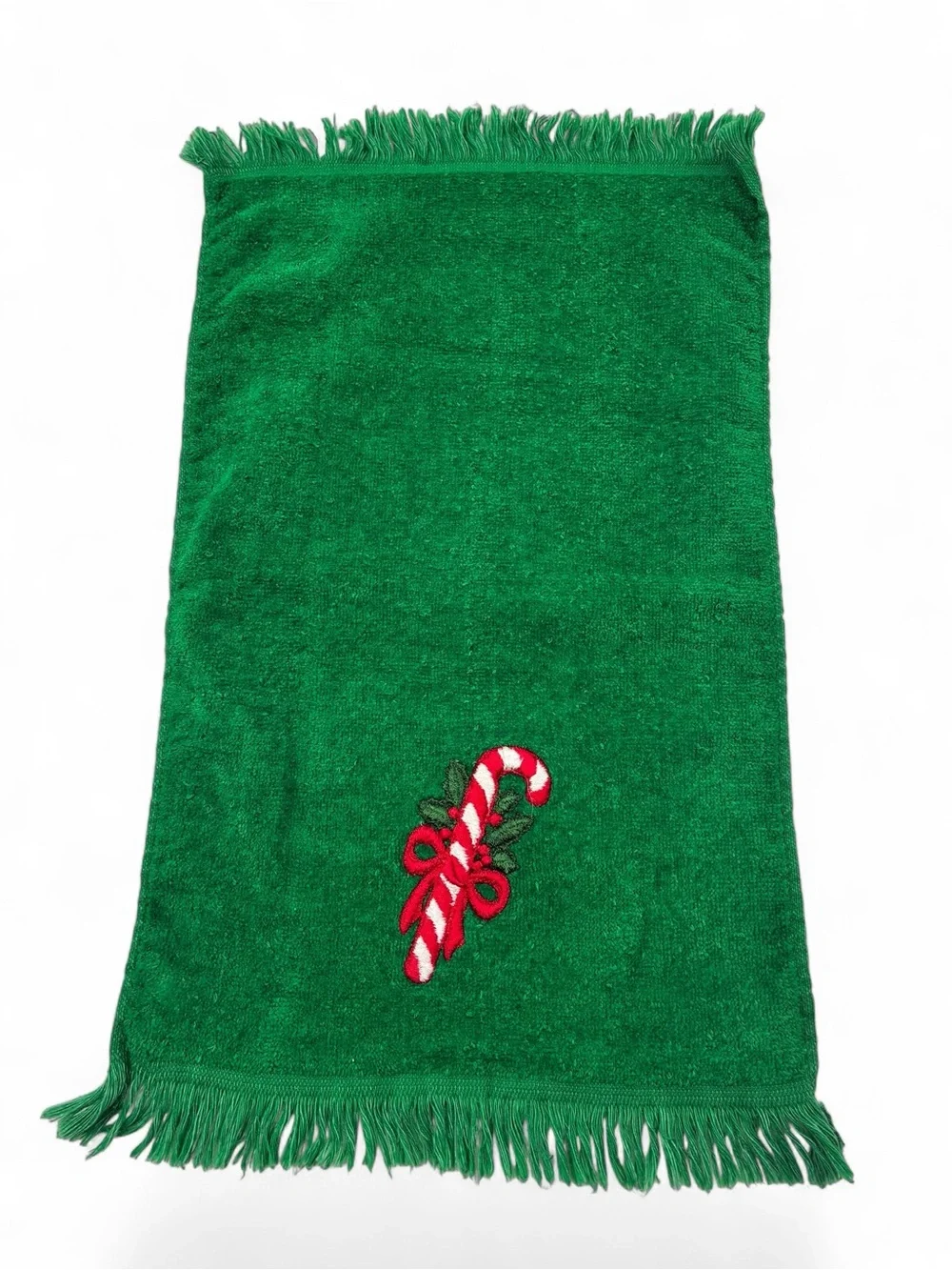 2 Vintage Fieldcrest Holiday Hand Towels Red Green Fringe Applique Made In USA
